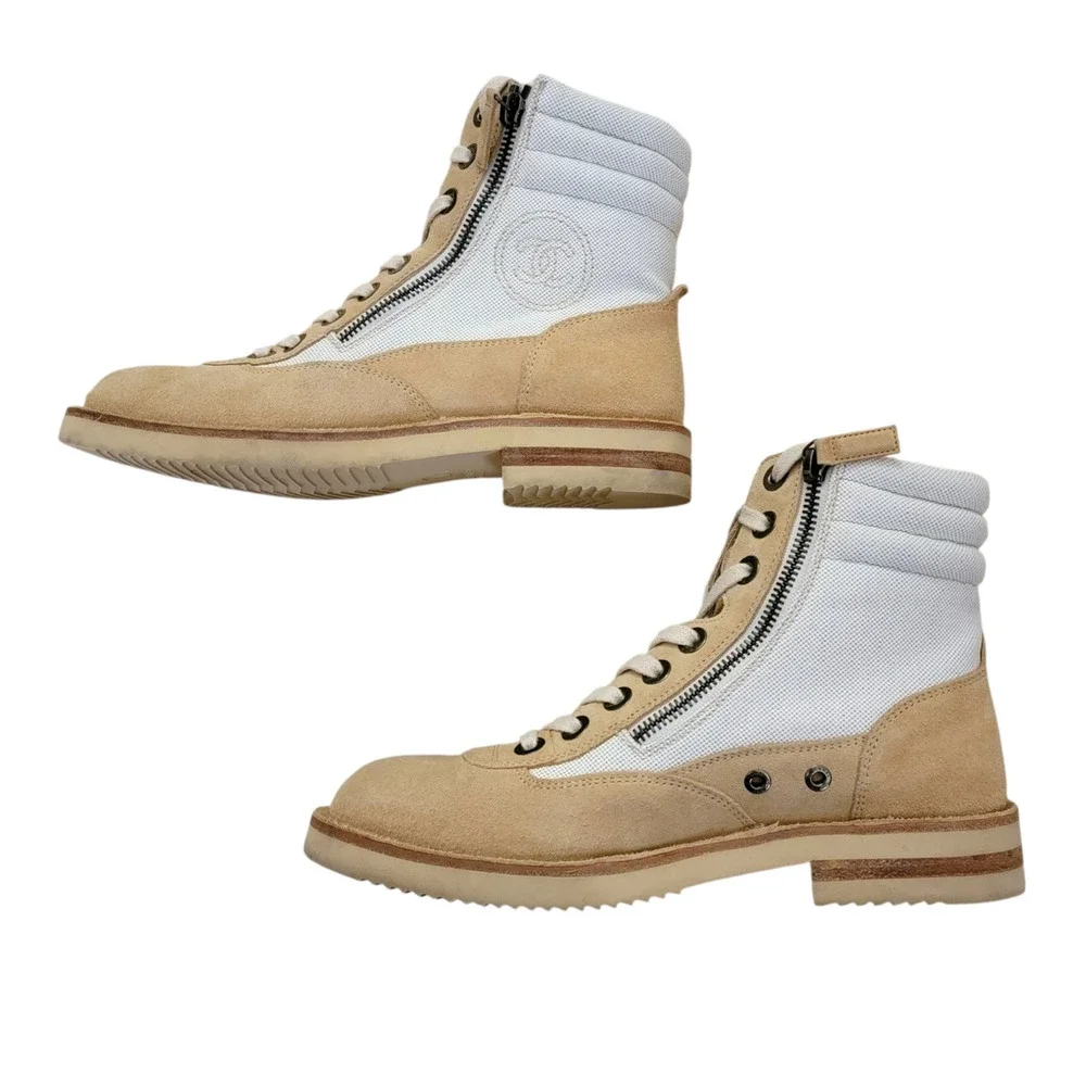 Chanel Combat Ankle Suede CC Logo Lace Up Beige Hiking Boots Canvas IT 38 US 7.5